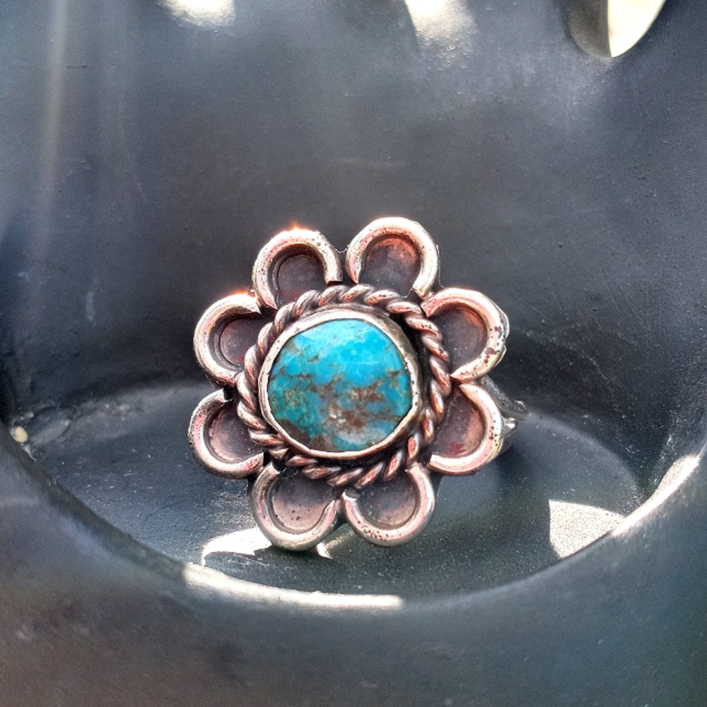 VTG Turquoise Silver Flower Ring